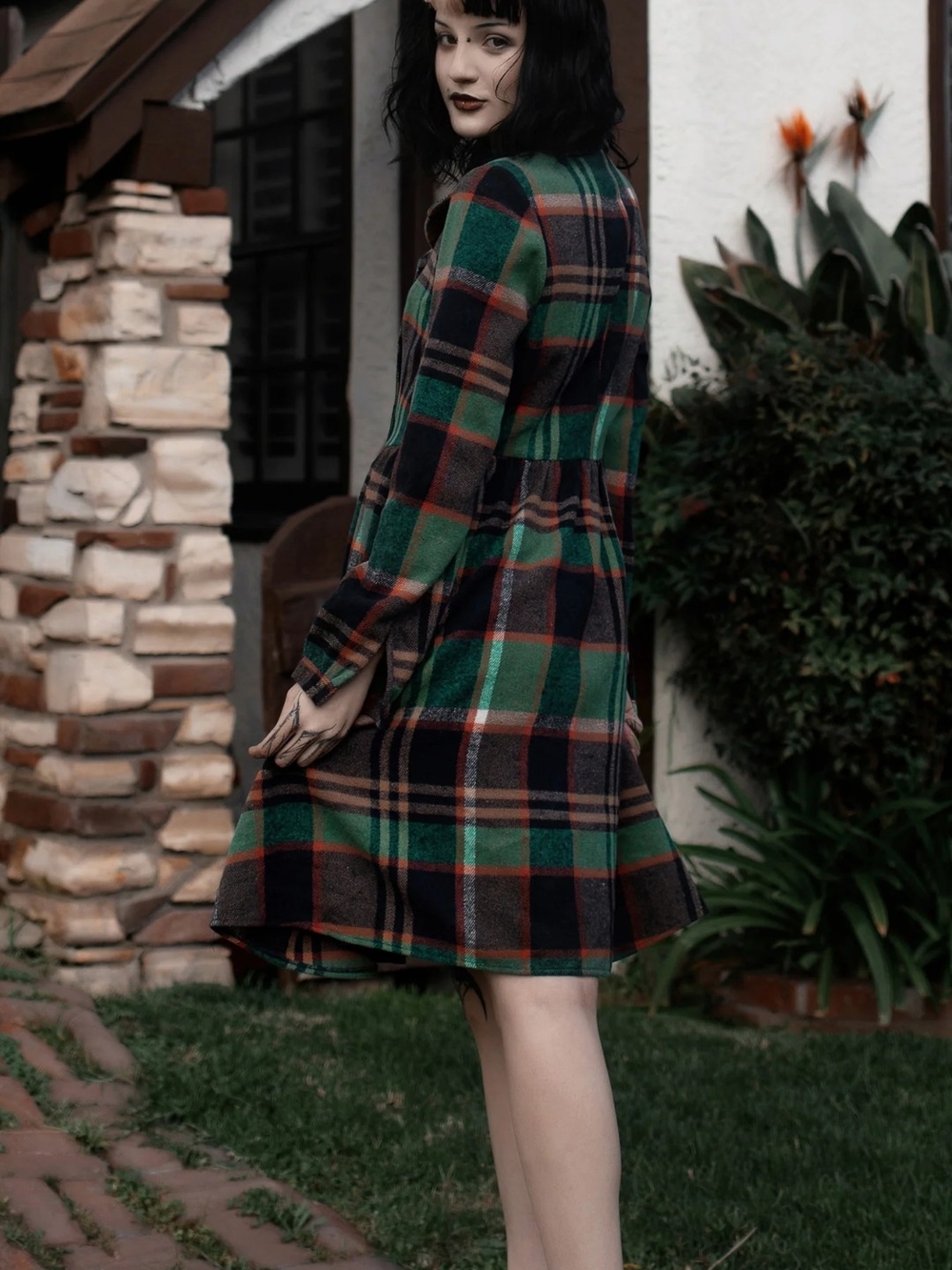 SOLD DONT BUY - Plaid Button-Front Long Sleeve Dress in Green - Picture 2 of 4